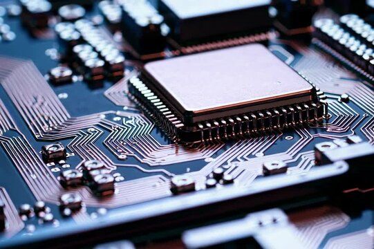 The technological background, specifically that of an abstract computer motherboard, is applicable in descriptions of technological processes and scientific fields