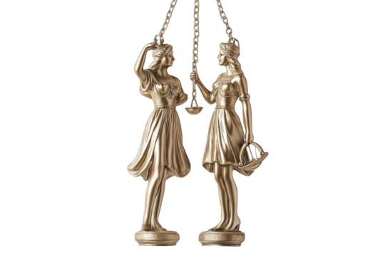 Elegant Bronze Statues of Women Holding Scales Emphasizing Balance and Justice on a White Background for Legal and Ethical Themes
