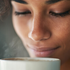 Fototapeta premium young woman holding cup close to face enjoying warm drink with closed eyes cozy relaxed peaceful casual portrait natural light brunette lifestyle morning indoors 