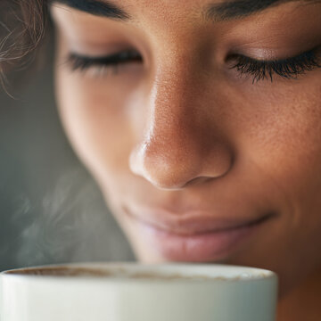 young woman holding cup close to face enjoying warm drink with closed eyes cozy relaxed peaceful casual portrait natural light brunette lifestyle morning indoors
