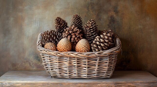 A still life of a collection of pinecones and acorns arranged in a wicker basket  - Powered by Adobe