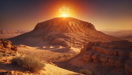Fototapeta premium Arid desert landscape features a glowing geometric symbol atop a massive sandstone formation,