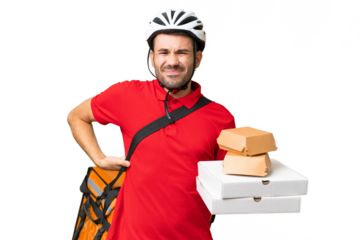 Young handsome caucasian man with thermal backpack and holding takeaway food over isolated background suffering from backache for having made an effort