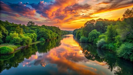 Fototapeta premium Serene River Reflecting a Vibrant Sunset Sky, Lush Green Foliage Framing the Water's Edge