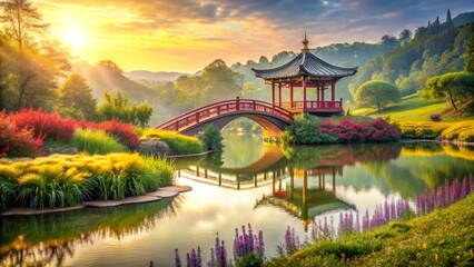 Fototapeta premium Serene sunrise illuminates a picturesque garden, showcasing a graceful arched bridge spanning a tranquil pond, reflecting a charming pavilion nestled amidst vibrant flora.