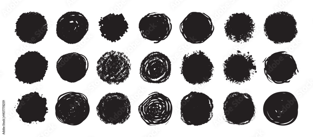 Poster round grunge scratch and textured ink brush strokes set. isolated vector black collection. dirty exp
