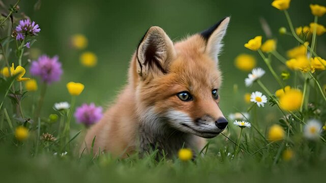A curious baby fox with big blue eyes peeking out from behind wildflowers