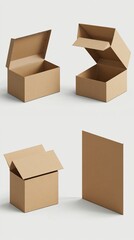 Several cardboard boxes in various open positions on a neutral background.