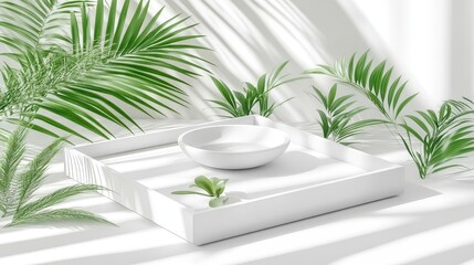 Minimalist white square tray with a bowl small plant and tropical palm leaves bathed in sunlight creating a serene and elegant scene