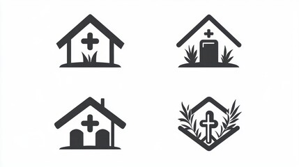 Four different designs of a building with a cross and grass. Use health or religion