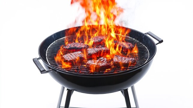 A Blazing Bar B Q Grill With Fiery Red Flames Isolated a White Background