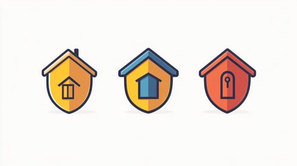 Home security icons; shield, house, safety; white background; website illustration