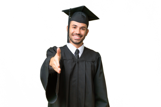 Young university graduate man over isolated background shaking hands for closing a good deal