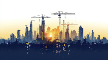 Obraz premium vibrant industrial city skyline at sunset, featuring scaffolded towers and cranes