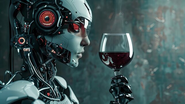 Profile portrait of a humanoid robot with a glass of red wine. Concept of the fine line between man and machine. When technology meets the art of pleasure. A new taste of the future. 3D rendering