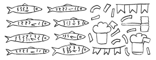 Fishes line doodle set. Popular Saints. festival set. Manjerico, garlands and sardines hand drawn scribble. School of fish in the sea. Vector illustration on white background. Chalk Portuguese party.
