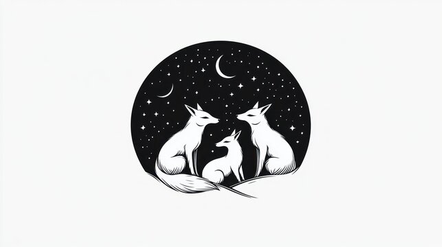 Fox family at night, starry sky, nature illustration, design - Powered by Adobe