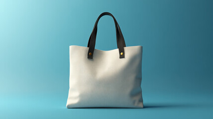 Minimalist canvas tote bag with black handles on a blue background, perfect for branding, shopping, or eco-friendly concepts..