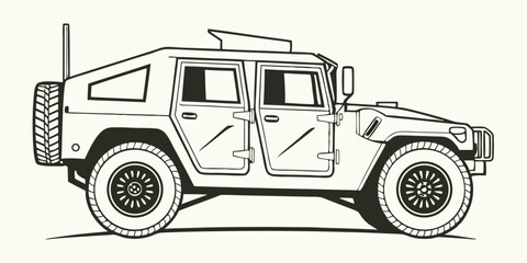 Military Armored Vehicle Vector Silhouette, Tactical Army Humvee Truck Illustration