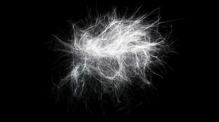 Ethereal abstract mass of fine, tangled white threads or luminous fibers resembling fluff or nerve connections against a black background. 
