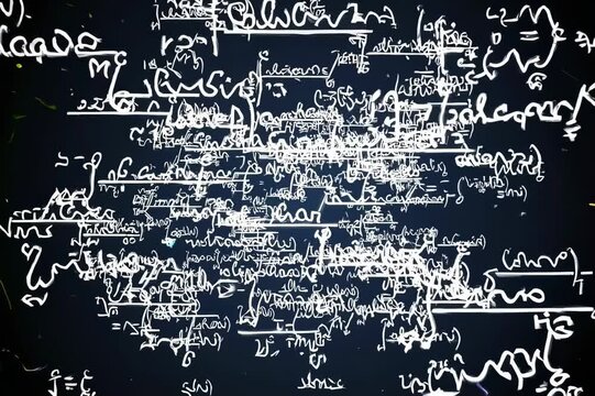 A 4k video effect featuring a black background with randomly animated math and chemistry equations in white, reminiscent of a retro aesthetic