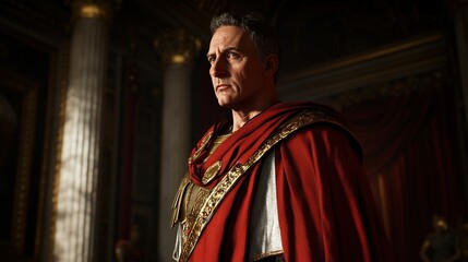 Naklejka premium Stern-faced leader in ancient attire, exuding authority in a grand hall, a portrait of historical significance.