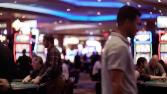 Casino atmosphere with players engaged in table games and slot machines