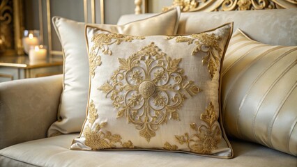 Luxurious Cream Throw Pillow with Intricate Golden Embroidery Detailing, Soft Fabric Texture, and Elegant Design Accents for Upscale Home Decor