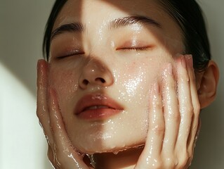 Woman with closed eyes, face covered in shiny liquid, hands gently touching. Self-care and wellness concept