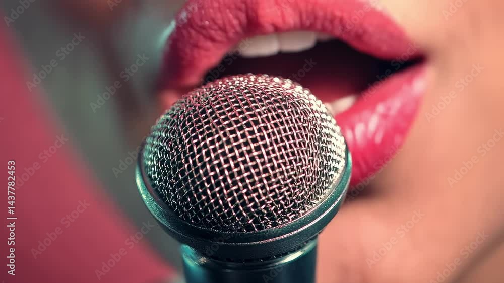 Poster close up view capturing female vocalist performing passionate singing directly into professional mic