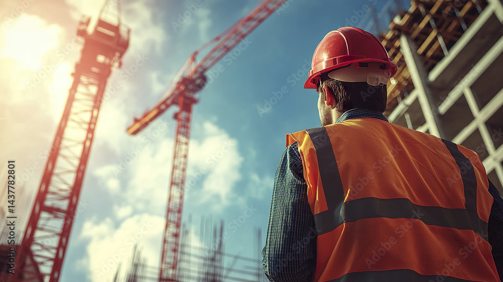 Poster construction worker observing site progress with cranes in background