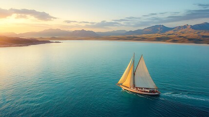 Sailing yacht at sunset on calm turquoise sea with mountains and coastal views