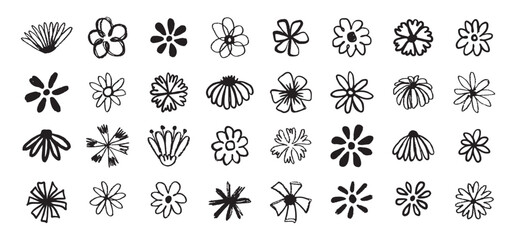 Flowers grunge brush doodle blossom icons set. Flowers Scribble ink hand drawn brush. Chamomile flowers markers crayons icons 