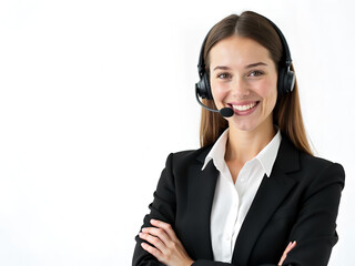 Professional female call center operator in headset against white background