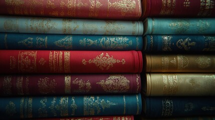Stacked antique books, various colors and patterns