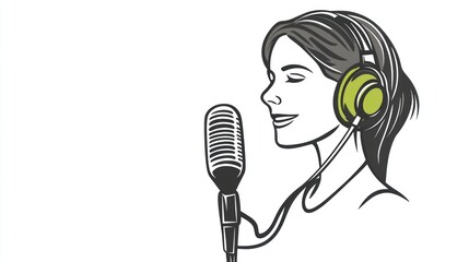 Woman singing into vintage microphone, headphones, studio