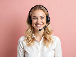 Smiling blonde professional wearing headset against a pastel pink backdrop