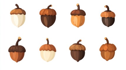 Varied acorns on white background for seasonal fall decoration or food illustration