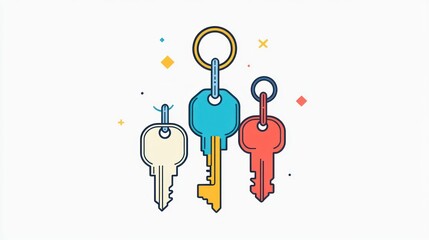 Colorful keys on keyring, white background, security concept, website illustration