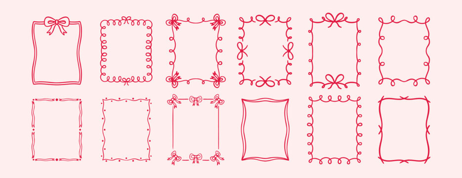 Bow rectangle frame ribbon border vintage cute hand drawn set. decorative pink hand drawn doodle line bow frame. Elegant romantic doodle wedding ribbon border.