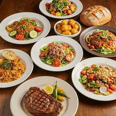 Overhead shot of a rustic wooden table laden with diverse and appetizing Italian dishes