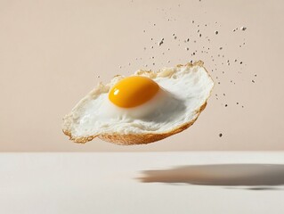 Fried egg in mid-air, with seasonings sprinkled around. Tasty and appetizing breakfast concept idea.