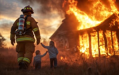 Naklejka premium Firefighter Saves Children from Burning House - A Powerful Act of Courage