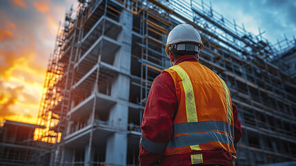 Fototapeta premium construction worker in safety vest observes building site at sunset, showcasing dedication
