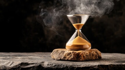 A sleek hourglass rests on a rough stone surface, fine sand cascading as smoke wisps swirl around, symbolizing fleeting time and contemplation
