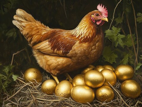 Hen sitting on a nest of golden eggs in a dark, atmospheric setting. Symbol of wealth and prosperity.
