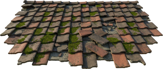 Old Damaged Clay Roof Tiles with Moss Weathered Texture Architectural Detail