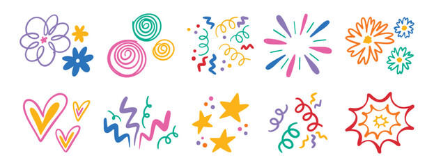 Abstract cute shapes sticker curve set. Colorful funny element organic symbol. Doodle flower and heart, star and confetti, trendy lines cartoon drawing style. 