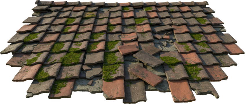 Old Damaged Clay Roof Tiles with Moss Weathered Texture Architectural Detail