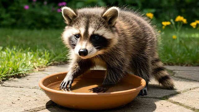 A baby raccoon dipping its paw into a water bowl and staring at the ripples in awe
